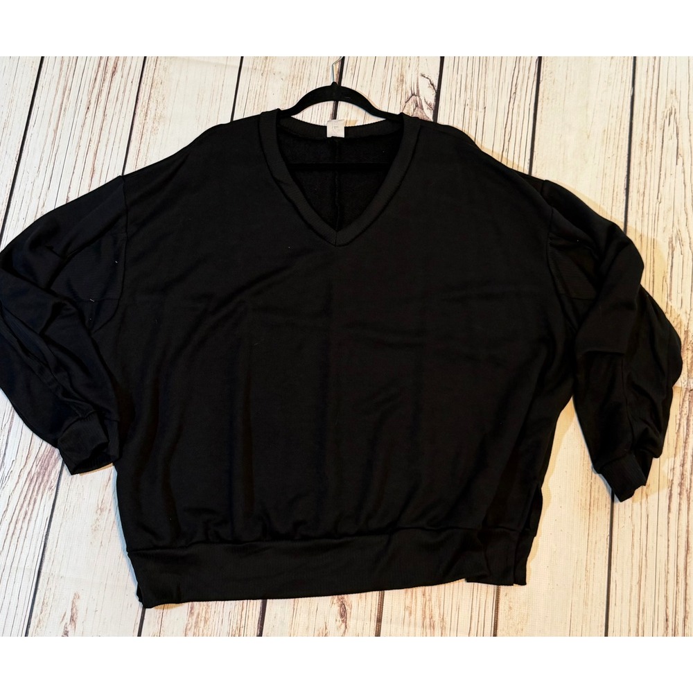 Like Love Women Black V-Neck Oversized French Terry Sweatshirt Size 2X
